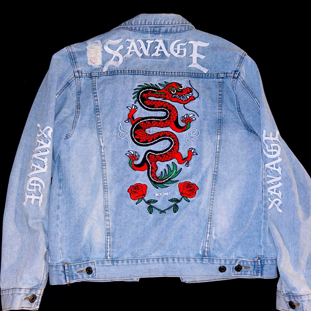 Carbon Savage NY Embroidered Denim Jacket Snake Dragon Rose Distressed Large